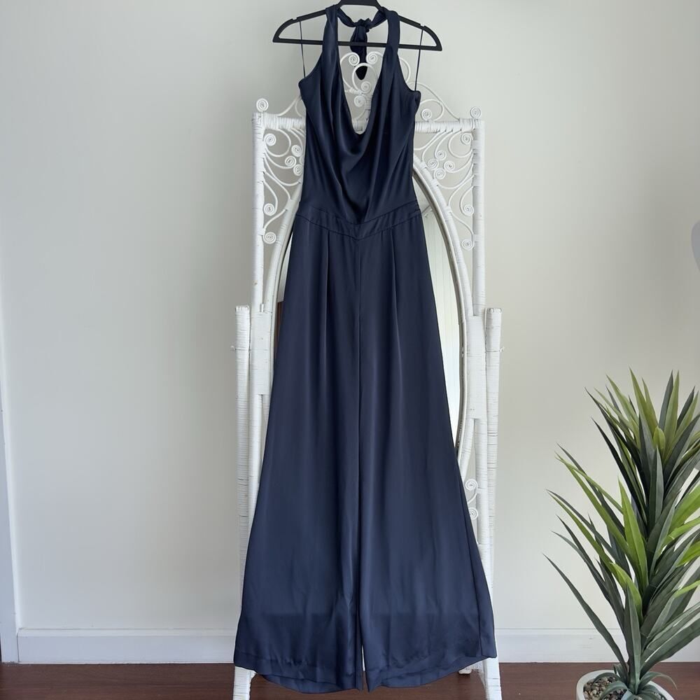 Ramy Brook Jumpsuit Womens 6 Navy Satin Halter Harriet Wide Leg Evening Career - Picture 2 of 13